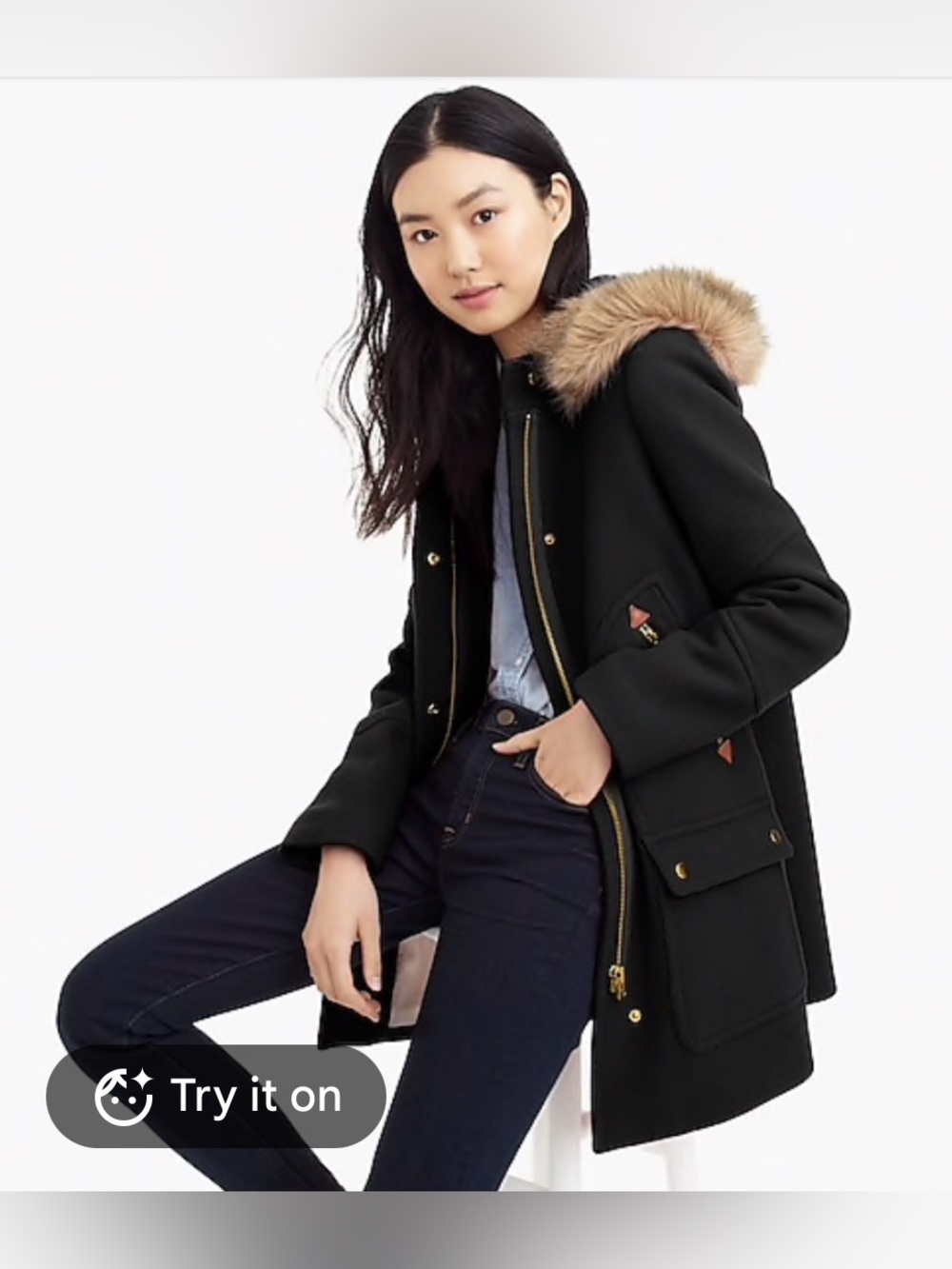 J crew Black Wool-Blend Hooded Coat with Faux Fur Trim